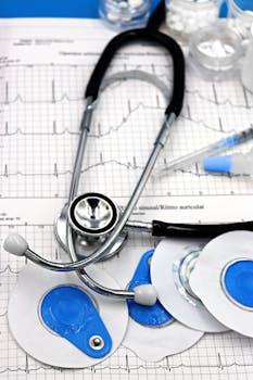 Medical tools including stethoscope and electrodes on an ECG report indicating heart analysis.